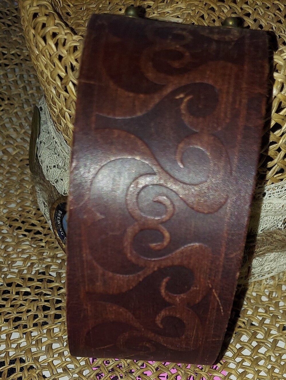 Embossed Dark Brown Leather Cuff Bracelet Adjustable Snaps